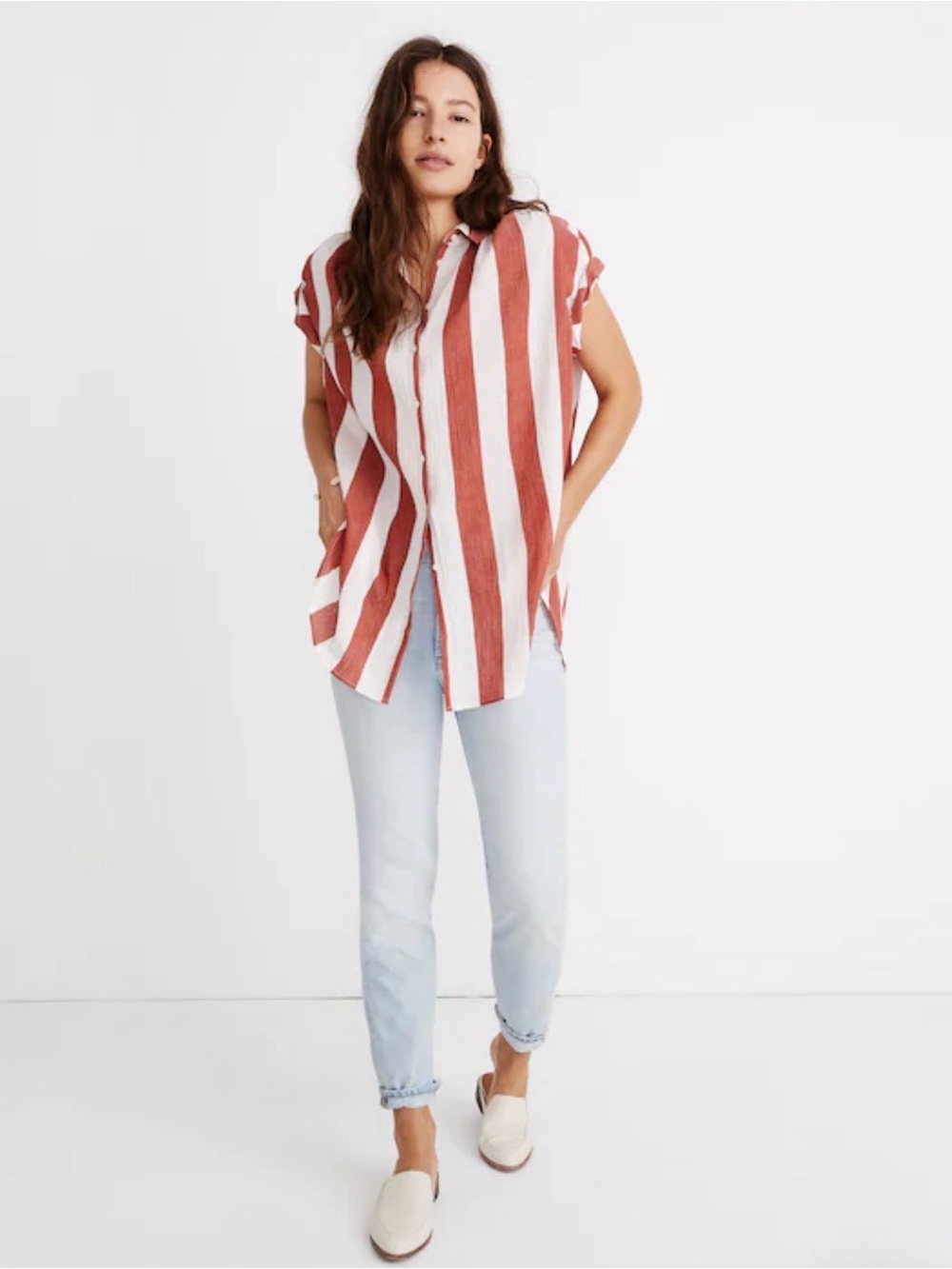 Madewell Striped Top Women’s Medium Red White Cotton Button Front Ruffle Sleeve